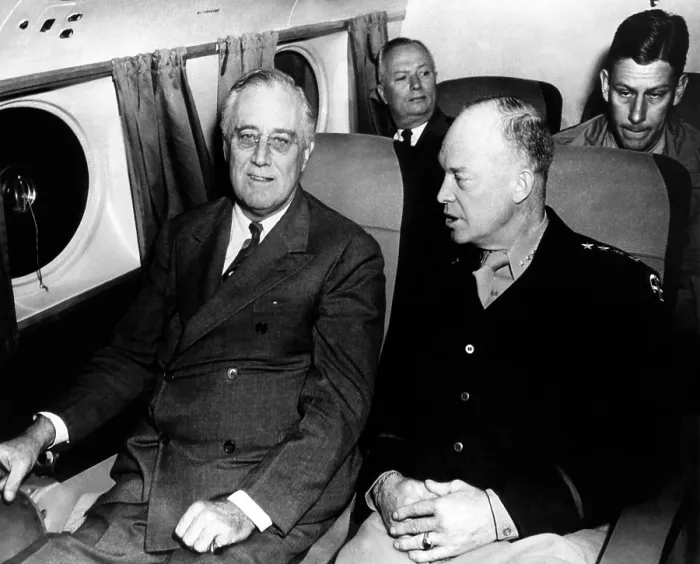 Framed Print : President Franklin D. Roosevelt, and General Dwight D. Eisenhower, flying to Sicily following conferences in Cairo, December, 15, 1943. Courtesy: CSU Archives / Everett Collection Framed Print : President Franklin D. Roosevelt, and General Dwight D. Eisenhower, flying to Sicily following conferences in Cairo, December, 15, 1943. Courtesy: CSU Archives / Everett Collection