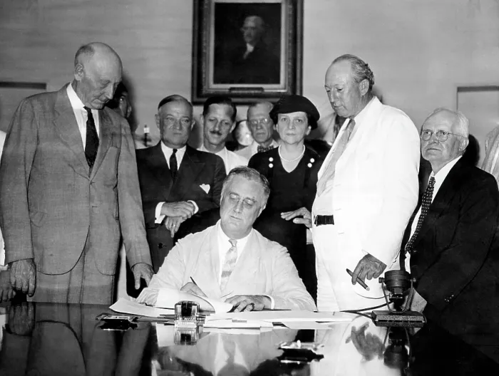 Framed Print : President Franklin D. Roosevelt signing the Social Security Bill, front, l-r: Robert Doughton, Senator Robert Wagner, President Franklin D