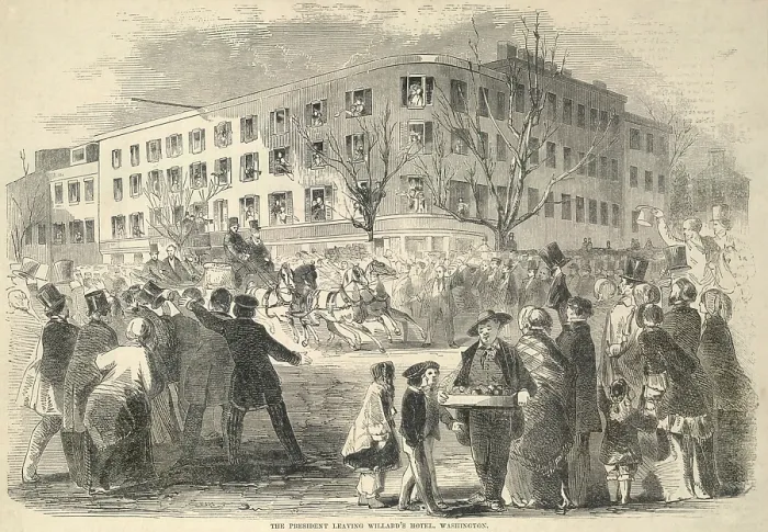 Framed Print : President Franklin Pierce (in top hat) in a carriage leaving Willards Hotel for his Inauguration. March 4, 1853