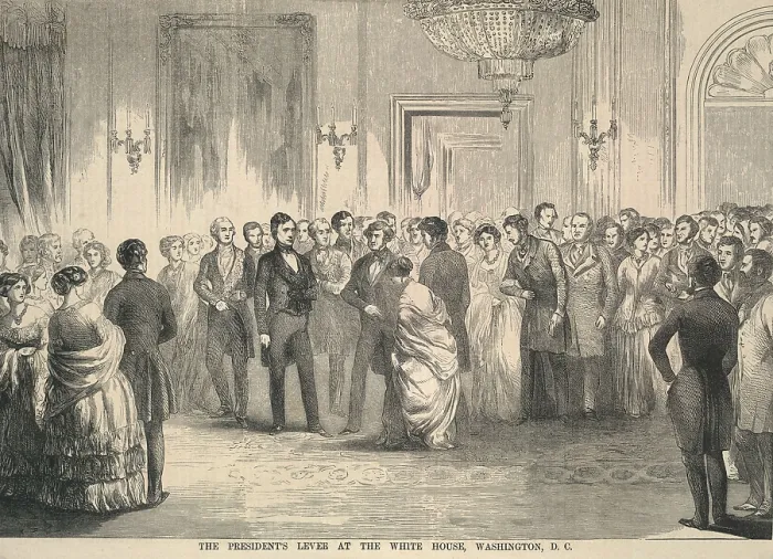 Framed Print : President Franklin Pierces inaugural celebration at the White House, March 4, 1853. A young women curtseys as she is introduced to the President (BSLOC_2016_14_118)
