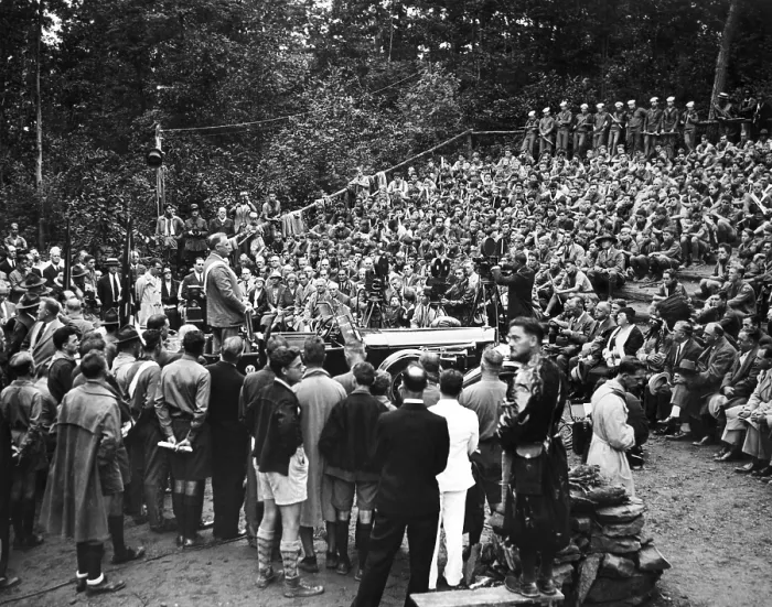 Framed Print : President Franklin Roosevelt addresses the Boy Scouts. FDR stands in his car while speaking to more than 2, 500 New York City Boy Scouts at the ten-mile camp at Narrowsburg, NY