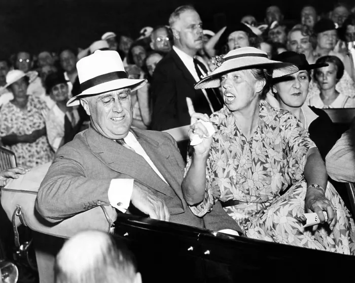 Framed Print : President Franklin Roosevelt and a very animated Eleanor Roosevelt, leave a society wedding at St. James Church, Hyde Park, NY