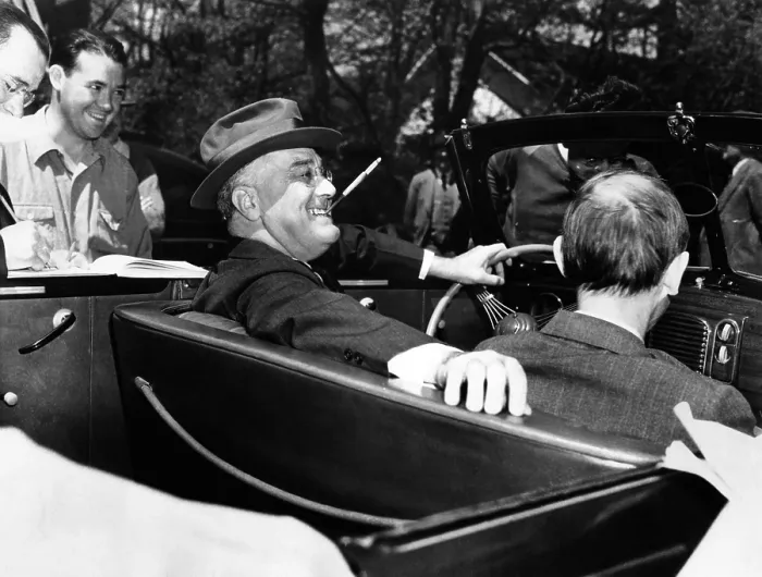 Framed Print : President Franklin Roosevelt, debonair with his cigarette holder. He is at the wheel of his customized auto in 1939. (CSU_ALPHA_59) CSU Archives / Everett Collection