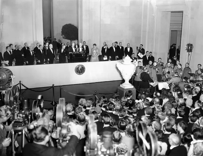 Framed Print : President Franklin Roosevelt dedicated the new National Gallery of Art on March 17, 1941. Financier and former Treasury secretary, Andrew W
