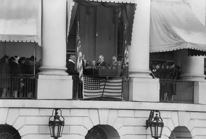 Framed Print : President Franklin Roosevelt at his fourth Inauguration. Jan. 20, 1945. It took place on the balcony of the White House instead of at the Capitol. (BSLOC_2013_5_187)