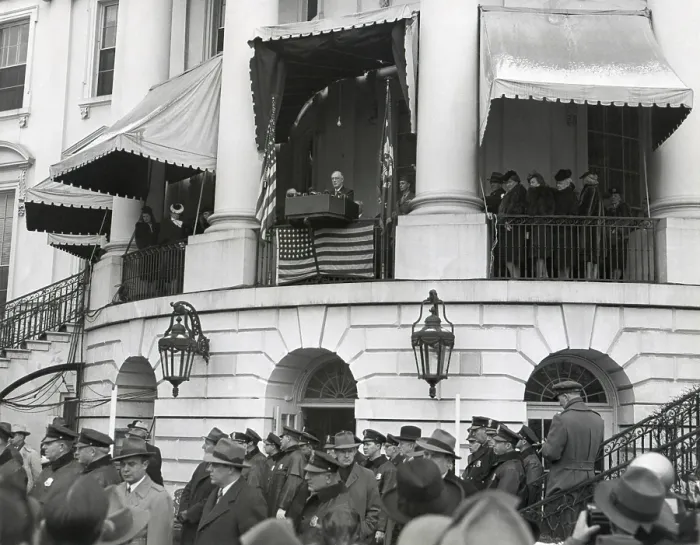 Framed Print : President Franklin Roosevelt at his fourth Inauguration on Jan. 20, 1945. The wartime ceremony took place with little fanfare from the south balcony of the White House