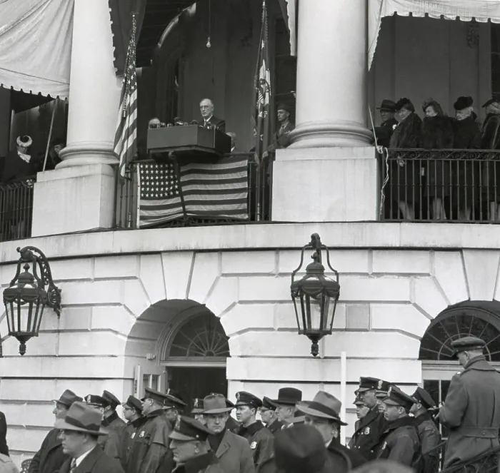 Framed Print : President Franklin Roosevelt at his fourth Inauguration on Jan. 20, 1945. The wartime ceremony took place with little fanfare from the south balcony of the White House