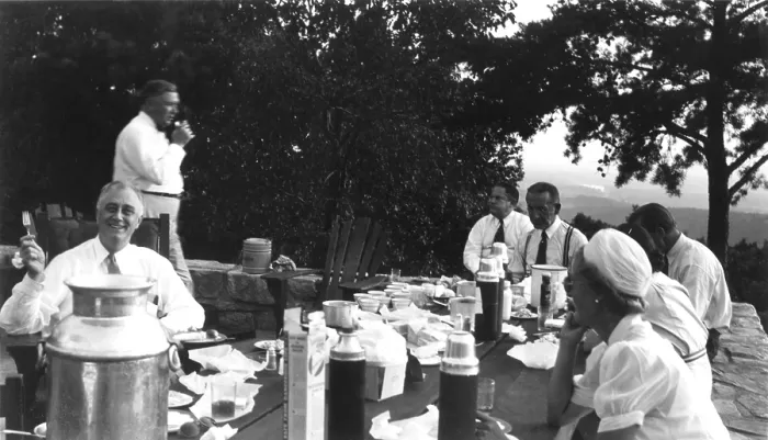 Framed Print : President Franklin Roosevelt hosting a picnic. Ca. 1942 FDR is at lower left. Third and fourth from left are long time advisors, Sam Rosenman and Basil O'Connor Framed Print : President Franklin Roosevelt hosting a picnic. Ca. 1942 FDR is at lower left. Third and fourth from left are long time advisors, Sam Rosenman and Basil O'Connor