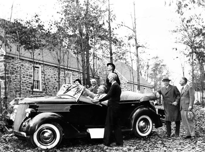 Framed Print : President Franklin Roosevelt inspects Top Cottage at his Hyde Park estate. With architects, he designed one of the first homes customized for the handicapped Framed Print : President Franklin Roosevelt inspects Top Cottage at his Hyde Park estate. With architects, he designed one of the first homes customized for the handicapped