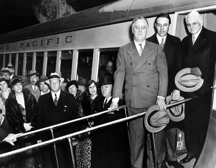 Framed Print : President Franklin Roosevelt inspects the new Union Pacific Streamliners. He is with Averill Harriman, Chairman of the Board of Union Pacific, and C.R