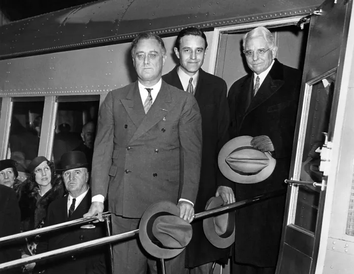 Framed Print : President Franklin Roosevelt inspects the new Union Pacific Streamliners. He is with Averill Harriman, Chairman of the Board of Union Pacific, and C.R