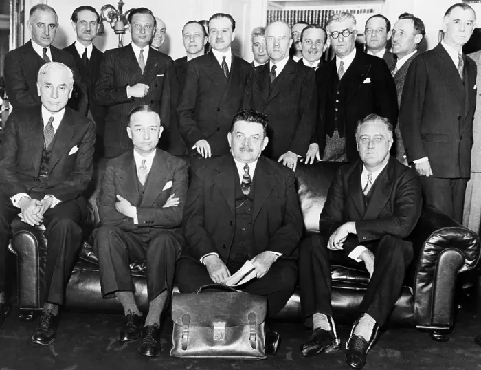 Framed Print : President Franklin Roosevelt met Edouard Herriot, former French Prime Minister, April 28, 1933. With their advisors, they discussed war debts and world economics Framed Print : President Franklin Roosevelt met Edouard Herriot, former French Prime Minister, April 28, 1933. With their advisors, they discussed war debts and world economics
