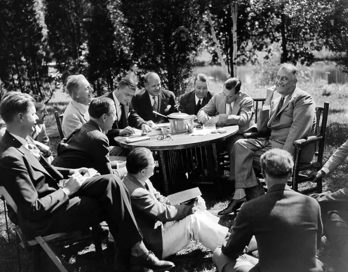 Framed Print : President Franklin Roosevelt at a picnic he gave for members of the press who accompanied him from Washington DC to his Hudson Valley home, in Hyde Park, New York. Sept 11, 1935