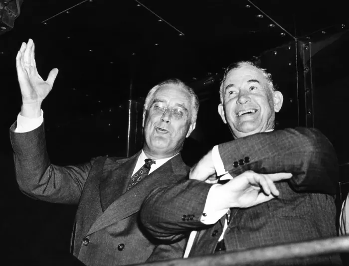 Framed Print : President Franklin Roosevelt with Senate Majority Leader Alben Barkley during the 1938 mid-term elections