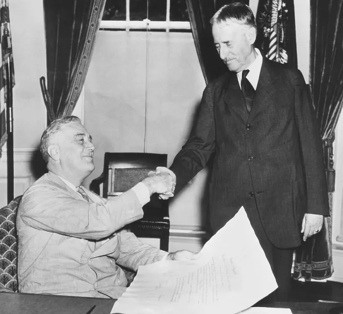 Framed Print : President Franklin Roosevelt shaking hands with his new Secretary of War, Republican Henry Stimson. July 10, 1940