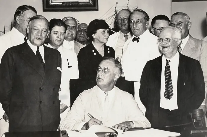 Framed Print : President Franklin Roosevelt signing the Social Security Act. Among those with the President are Sen. Alben Barkley, Sen. Robert Wagner, Sen. Robert LaFollette, Labor Sec