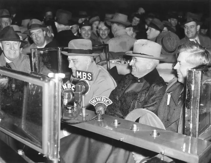 Framed Print : President Franklin Roosevelt speaking into radio microphones from his open car in the rain. VP-elect Harry Truman sits between FDR and the outgoing VP Henry Wallace Framed Print : President Franklin Roosevelt speaking into radio microphones from his open car in the rain. VP-elect Harry Truman sits between FDR and the outgoing VP Henry Wallace
