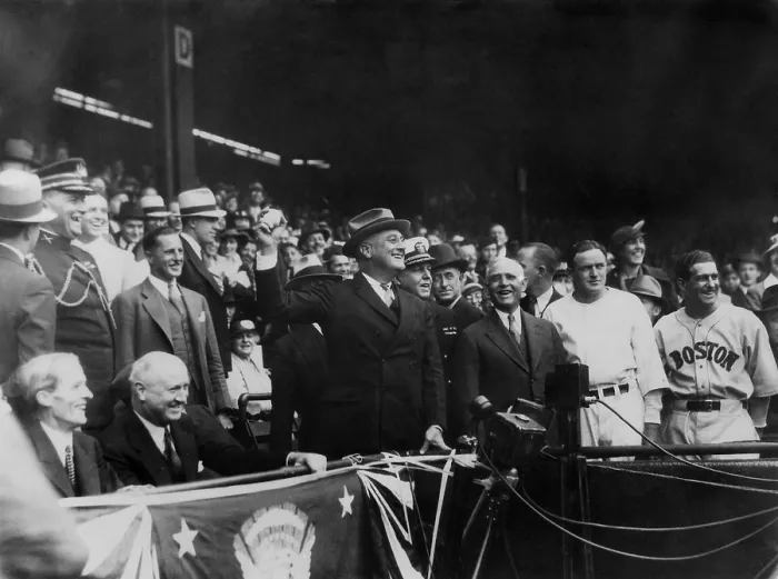 Framed Print : President Franklin Roosevelt throws the first pitch of the 1934 baseball season. Washington, D.C. April 24. (BSLOC_2013_5_109) Framed Print : President Franklin Roosevelt throws the first pitch of the 1934 baseball season. Washington, D.C. April 24. (BSLOC_2013_5_109)