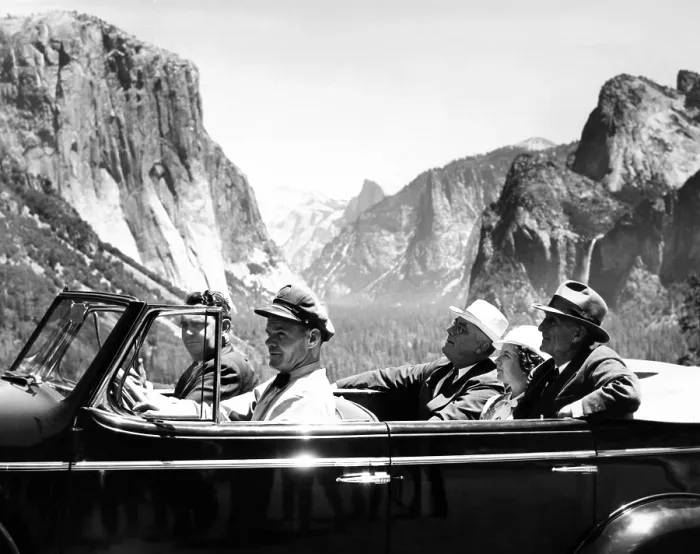 Framed Print : President Franklin Roosevelt visiting Yosemite National Park. FDR toured Yosemite for six hours with Senator and Mrs. McAdoo. July 15, 1938