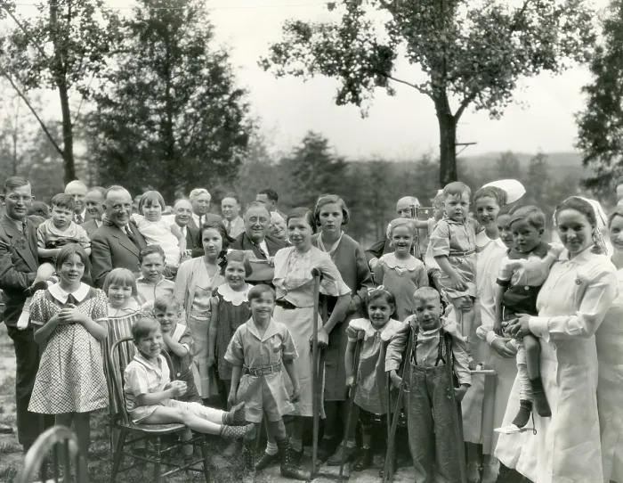 Framed Print : President Franklin Roosevelt, visits crippled children in West Virginia. 1935