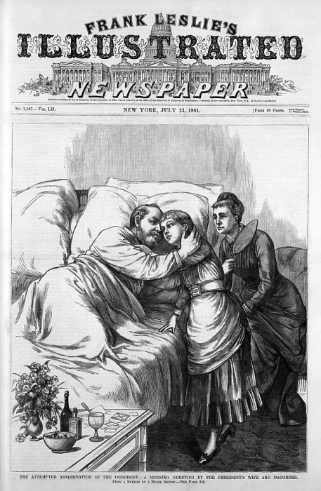 Framed Print : President Garfield, following assassination attempt, comforted by his wife and daughter. Woodcut, July 23, 1881