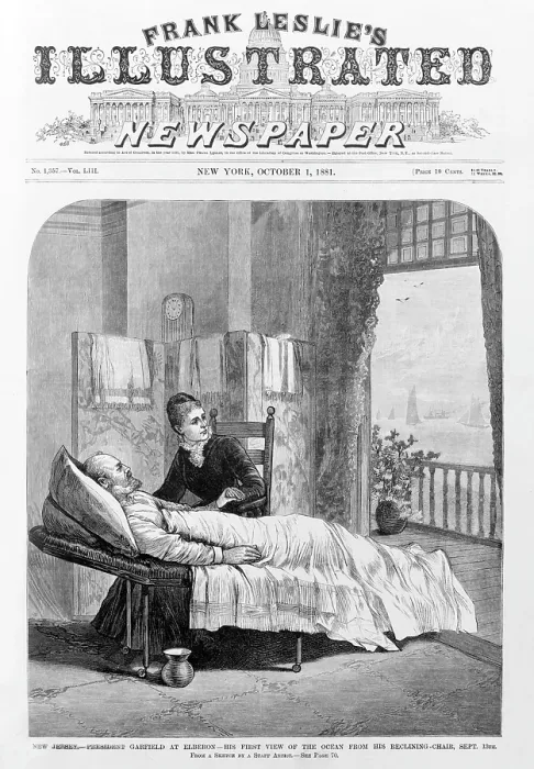 Framed Print : President Garfield, following assassination attempt, comforted by his wife at Elberon, NJ. Woodcut, Sept 13, 1881
