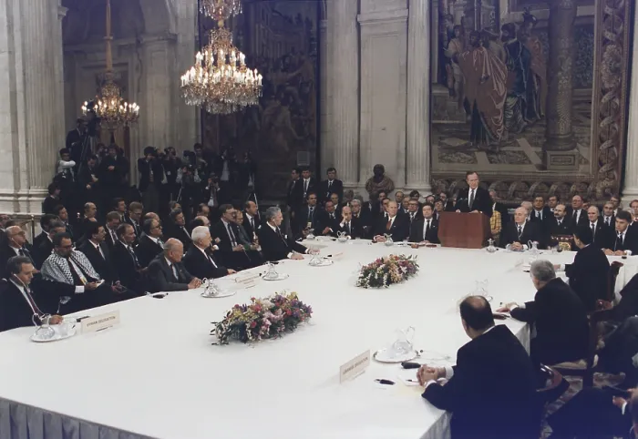 Framed Print : President George Bush addresses the Middle East Peace Conference at the Royal Palace in Madrid Spain
