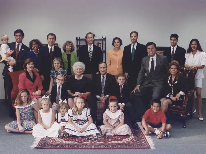 Framed Print : President George H. W. Bush and wife Barbara pose with their six children, their spouses and twelve grandchildren for a family portrait in Houston, Texas. Ca. 1991 Framed Print : President George H. W. Bush and wife Barbara pose with their six children, their spouses and twelve grandchildren for a family portrait in Houston, Texas. Ca. 1991