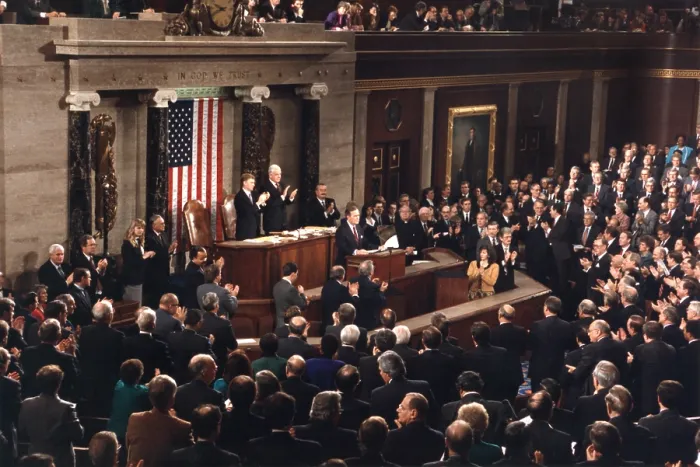 Framed Print : President George H.W. Bush delivering the state of the Union address, Jan 29, 1991. Behind him are Vice President Dan Quayle and Speaker of the House, Tom Foley