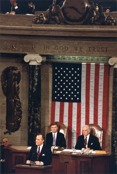 Framed Print : President George H.W. Bush delivering the State of the Union address, Jan 29, 1991. Behind him are Vice President Dan Quayle and Speaker of the House, Tom Foley (BSLOC_2021_3_57)