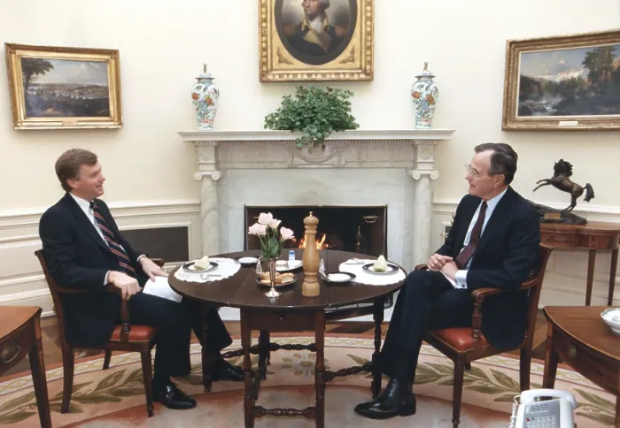 Framed Print : President George H.W. Bush, and Vice President Dan Quayle having the first of their weekly private lunch at the White House, January 23, 1989 (BSLOC_2021_3_48)