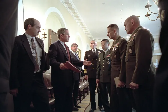 Framed Print : President George W. Bush with Chiefs of Staff, Oct. 24, 2001. Meeting with him are from left: Adm. Richard Mies, Gen. Eric Shinseki, Gen. Peter Pace, and Gen. Michael Williams