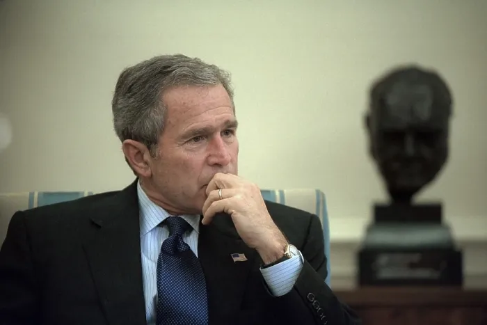 Framed Print : President George W. Bush during a meeting in the Oval Office of the White House. Oct. 10, 2001. In the background is a bust of Winston Churchill Framed Print : President George W. Bush during a meeting in the Oval Office of the White House. Oct. 10, 2001. In the background is a bust of Winston Churchill