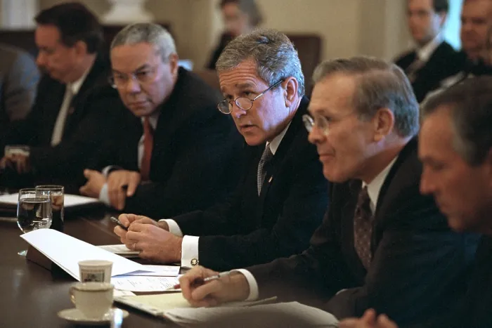Framed Print : President George W. Bush Meets with his Cabinet on Oct. 10, 2001. Flanking Bush 43 are Sec. of State, Colin Powell (left); and Sec. of Defense Donald Rumsfeld