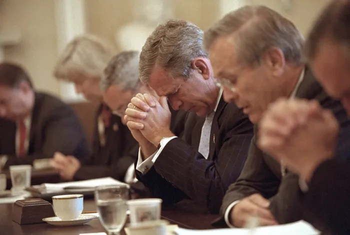 Framed Print : President George W. Bush opens a cabinet meeting with a prayer on Sept. 14, 2001. 3 days after the 9-11 Terrorist Attacks, Bush 43 is flanked by Sec