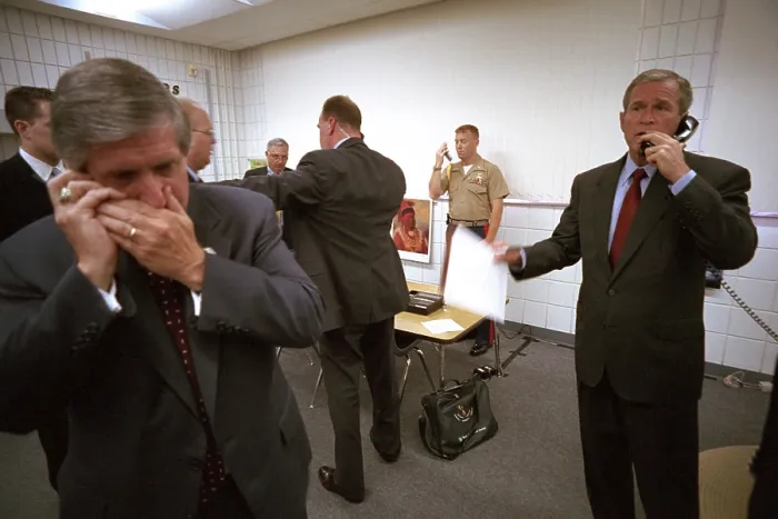 Framed Print : President George W. Bush and senior staff on phones after learning of the 9-11 Terrorist Attacks