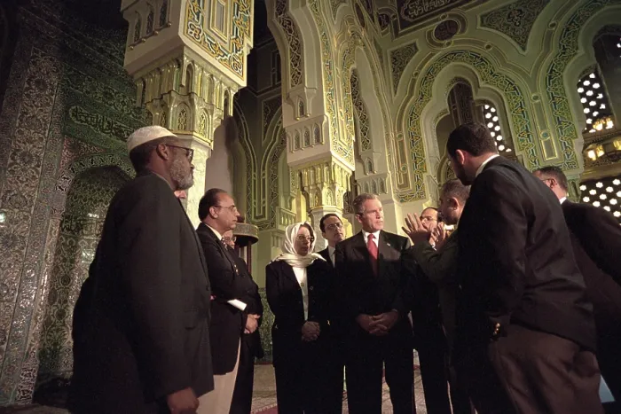 Framed Print : President George W. Bush talks with Islamic community leaders. He toured the Islamic Center of Washington, D.C. on Sept. 17, 2001.. (BSLOC_2015_2_156)
