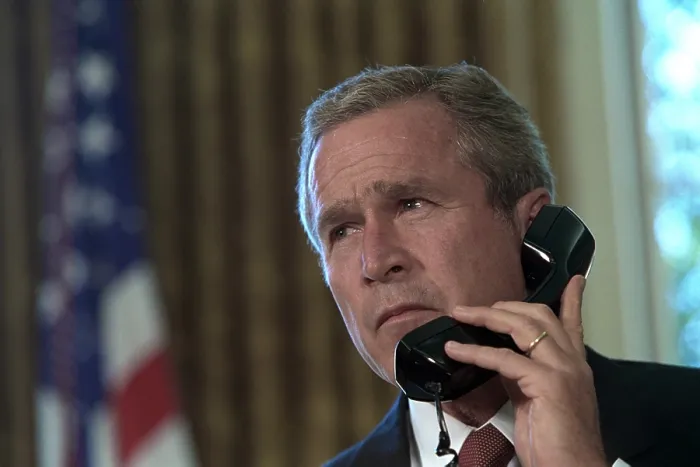 Framed Print : President George W. Bush on telephone to NY Gov. George Pataki and NYC Mayor, Rudolph Giuliani. Sept 13, 2001. (BSLOC_2015_2_145)