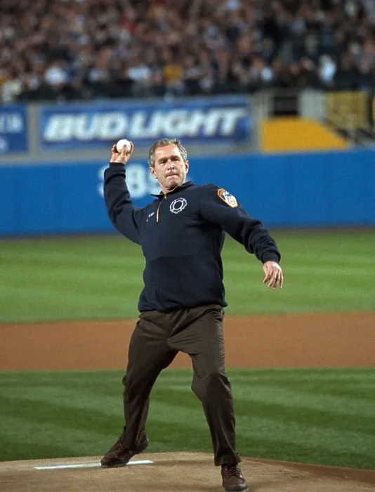 Framed Print : President George W. Bush throws the ceremonial first pitch at Yankee Stadium. Oct. 30, 2001. Game three between the Arizona Diamondbacks and the New York Yankees Framed Print : President George W. Bush throws the ceremonial first pitch at Yankee Stadium. Oct. 30, 2001. Game three between the Arizona Diamondbacks and the New York Yankees
