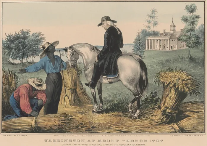 Framed Print : Former President George Washington talking with two enslaved workers on the Mount Vernon plantation. Following the end of his second term as President, he retired from politics Framed Print : Former President George Washington talking with two enslaved workers on the Mount Vernon plantation. Following the end of his second term as President, he retired from politics