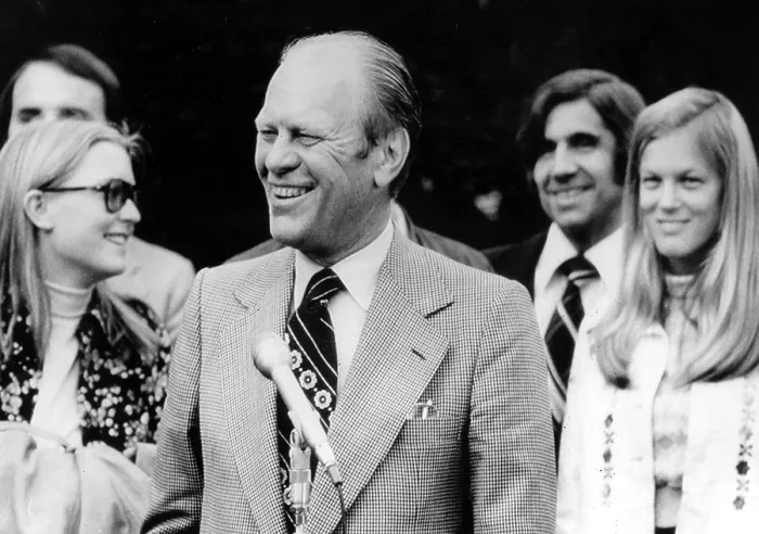 Framed Print : President Gerald Ford with daughter, Susan (l) and daughter-in-law, Gayle, visits wife at Bethesda Naval Hospital after Mrs. Ford underwent Breast removal operation. 09-28-1974