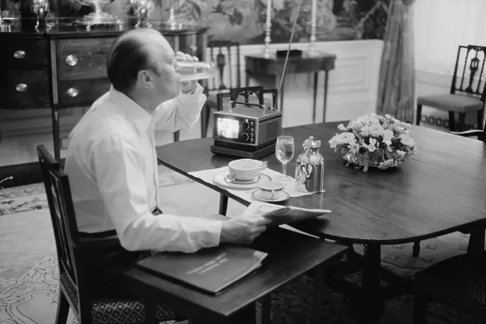 Framed Print : President Gerald Ford eating breakfast at the White House, Feb. 6, 1975. His 4 x 5 inch portable TV was the latest thing. (BSLOC_2015_14_55) Framed Print : President Gerald Ford eating breakfast at the White House, Feb. 6, 1975. His 4 x 5 inch portable TV was the latest thing. (BSLOC_2015_14_55)