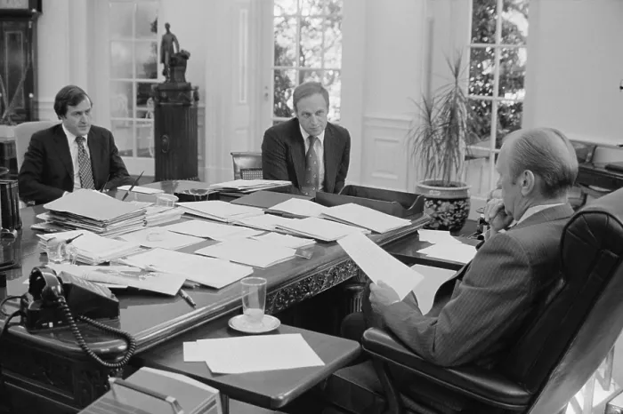 Framed Print : President Gerald Ford meeting with David Mathews(right) and Dick Cheney. Mathews was Secretary of HEW and Cheney was White House Chief of Staff. Sept. 22, 1976. (BSLOC_2015_14_60) Framed Print : President Gerald Ford meeting with David Mathews(right) and Dick Cheney. Mathews was Secretary of HEW and Cheney was White House Chief of Staff. Sept. 22, 1976. (BSLOC_2015_14_60)