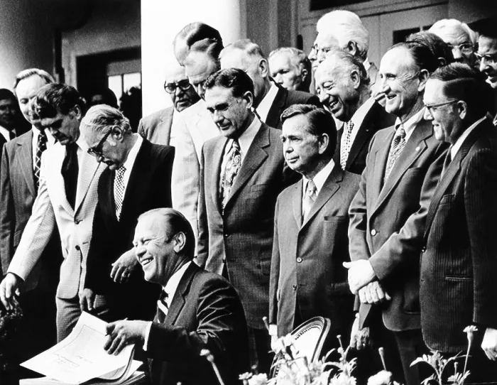 Framed Print : President Gerald Ford prepares signing the Employee Retirement Income Security Act of 1974