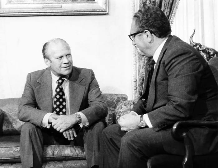 Framed Print : President Gerald Ford and Secretary of State, Henry Kissinger, meeting shortly after President Nixon's resignation. Aug. 10-12, 1974