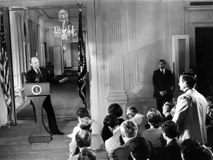 Framed Print : President Gerald Ford's first press conference since he assumed the presidency after Richard Nixon's resignation. Aug. 28, 1974 Framed Print : President Gerald Ford's first press conference since he assumed the presidency after Richard Nixon's resignation. Aug. 28, 1974