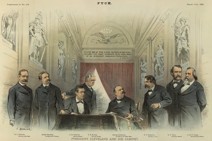 Framed Print : President Grover Cleveland and his cabinet, March 1885, PUCK Magazine illustration