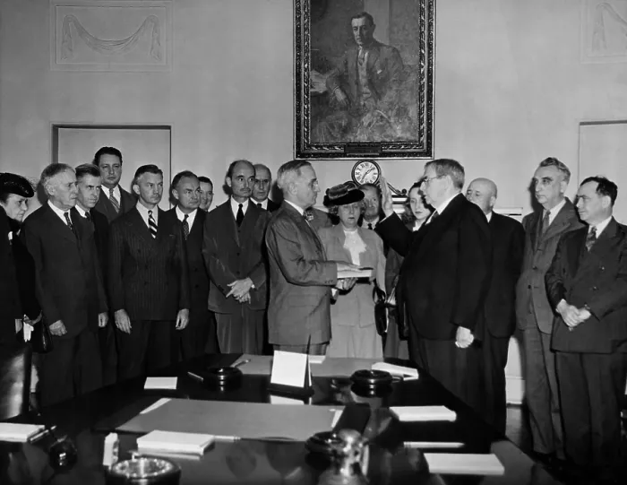 Framed Print : President Harry S. Truman (1884-1972) takes oath of office from Chief Justice Harlan F. Stone (1872-1946) in the Cabinet Room of the White House, April 12, 1945