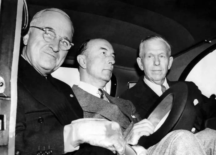 Framed Print : President Harry Truman, Defense Secretary Robert A. Lovett, and General George C. Marshall, New York, c. 1945.. Courtesy: CSU Archives  /  Everett Collection