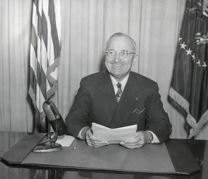 Framed Print : President Harry Truman delivering a radio speech on Jan. 2, 1946. He addressed the program for the return to peacetime economy. - (BSLOC_2014_15_9)